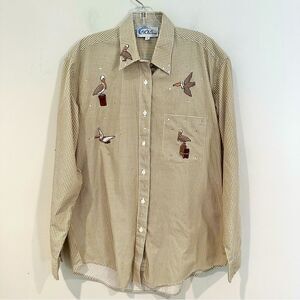 Las Olas Brown Check‎ Blouse Women's Medium Cottagecore Pelicans Coastal Grandma